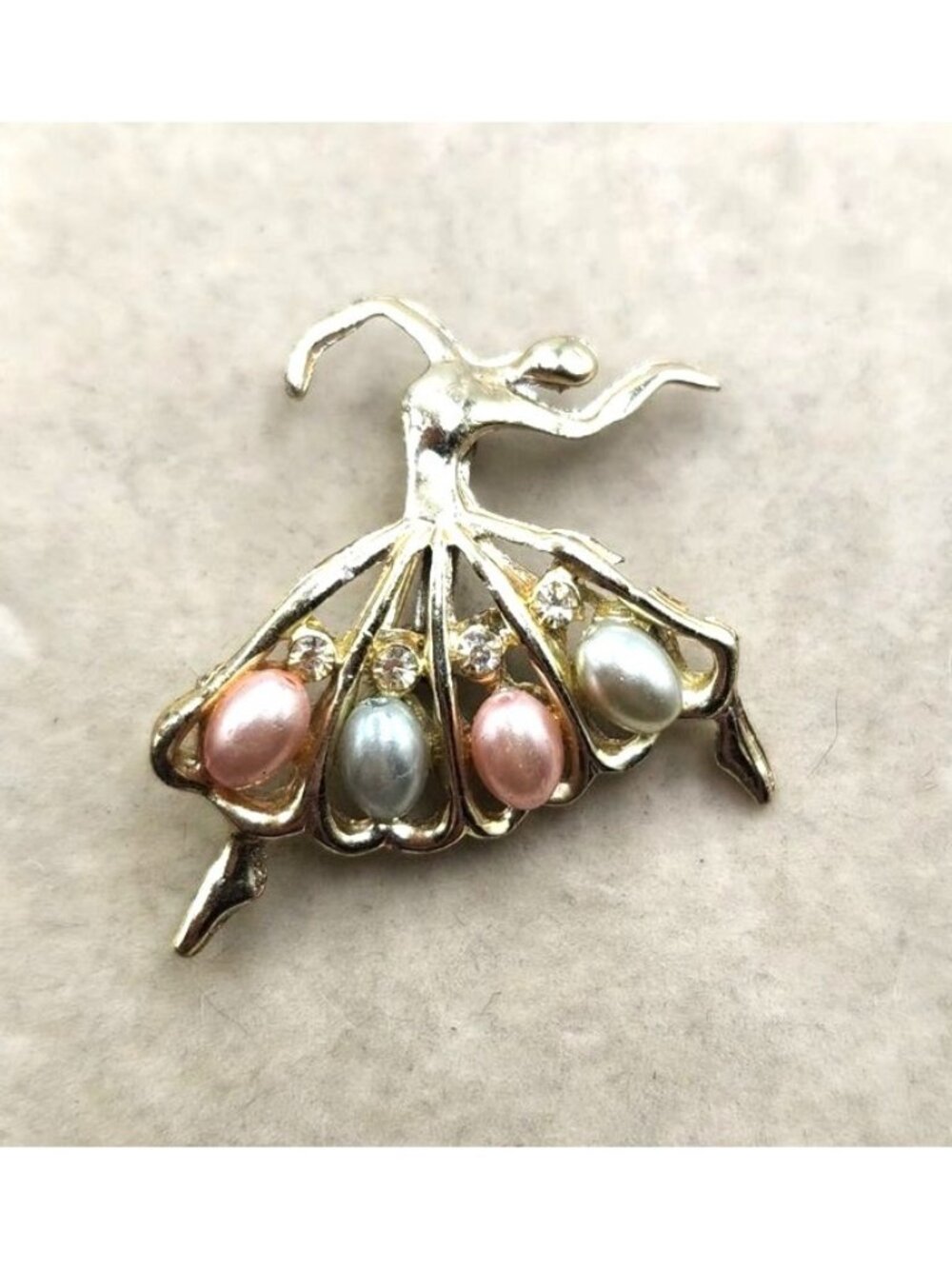 Elegant Gold-Toned Ballerina Brooch With Faux Pearls & Rhinestones